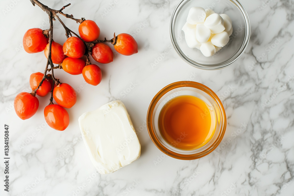 Kitchen Ingredients Including Honey, Butter, and Sugar on a Marble Countertop