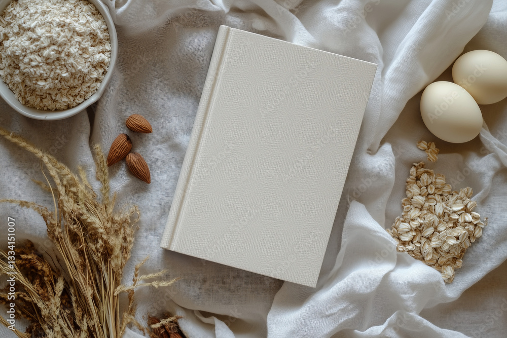 Blank Beige Book on a Textured Cozy Setup with Nuts and Oats