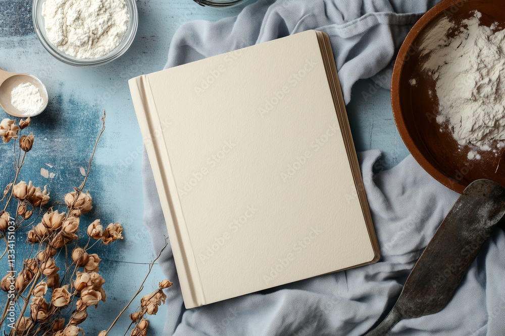 Minimalist Book Mockup with Soft Blue Fabric and Rustic Props