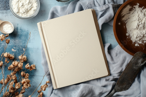 Obraz na płótnie Minimalist Book Mockup with Soft Blue Fabric and Rustic Props
w salonie