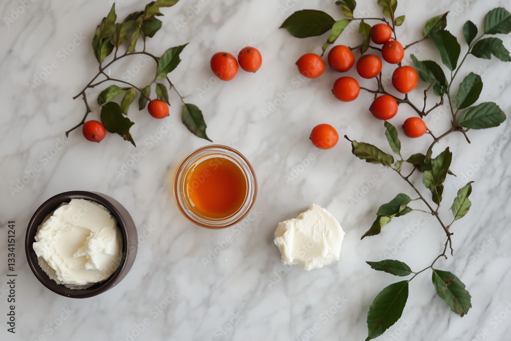 Flat Lay of Honey, Butter, and Cherry Tomatoes on a Marble Surface