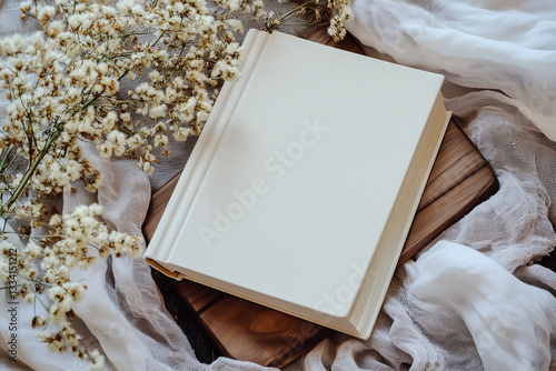Obraz na płótnie Blank Hardcover Book on Cozy Fabric with Natural Elements
w salonie