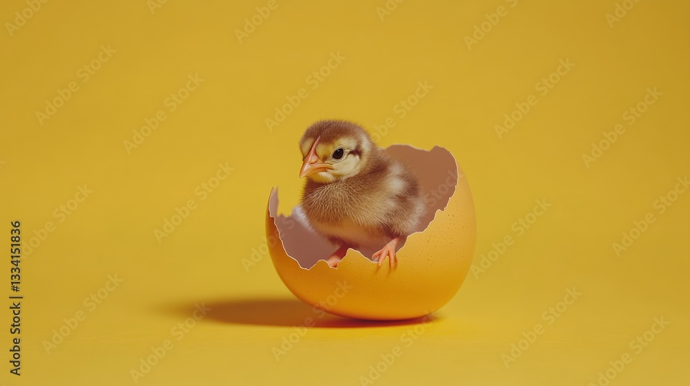 Newborn chick emerging from broken eggshell against a bright yellow background