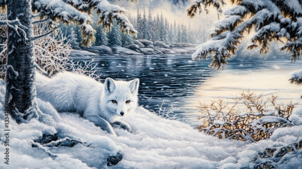 A beautiful white arctic fox rests in the snowy winter landscape A beautiful white arctic fox rests in the snowy winter landscape