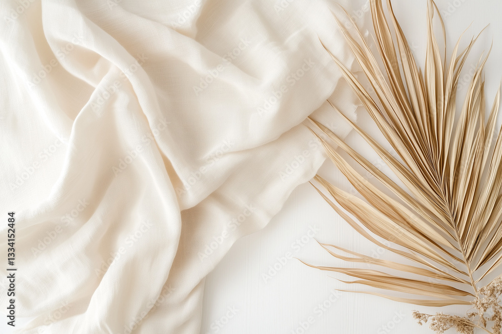 Soft Beige Fabric with Palm Leaves in a Minimalist Composition