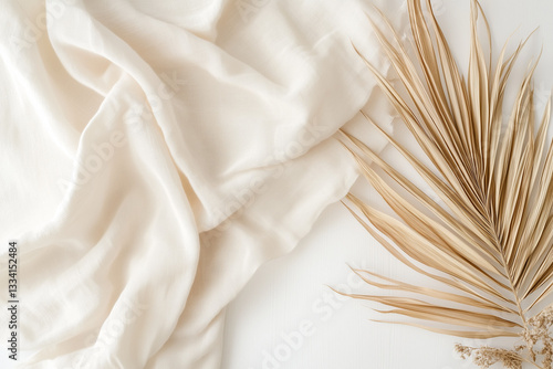 Obraz na płótnie Soft Beige Fabric with Palm Leaves in a Minimalist Composition w salonie