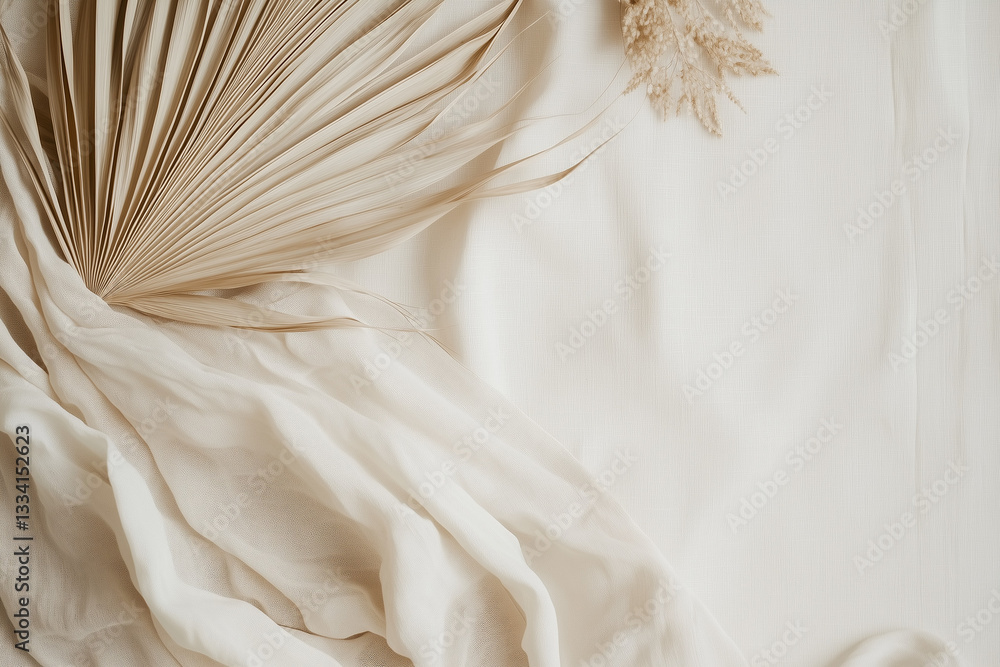 Minimalist Beige Fabric with Dried Palm Leaves in a Boho Aesthetic