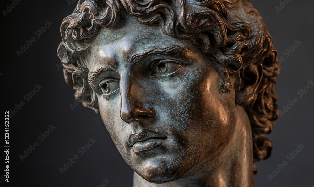 Close-up of a Bronze Sculpture Head of a young man with curly hair Close-up of a Bronze Sculpture Head of a young man with curly hair