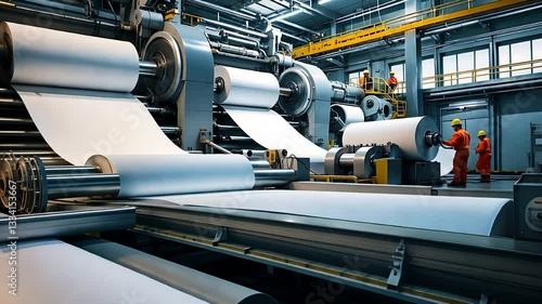 Modern Paper Manufacturing Factory with Large Industrial Rollers, Automated Machinery, and Workers in Safety Gear

