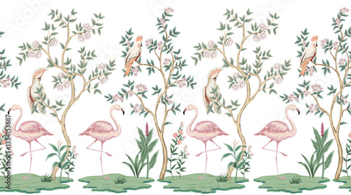 Flamingo bird, cockatoo parrot, pink rose tree, plant floral seamless border white background. Chinoiserie wallpaper.	
