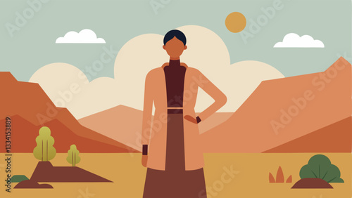 Fashion and Nature A fashion designer posing for a photo amidst a picturesque outdoor scene wearing a design made of earthtoned organic materials.