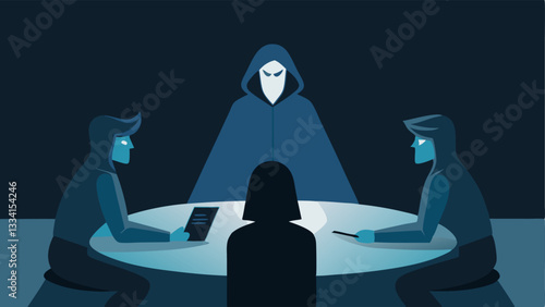 Shady Meeting A cloaked figure stands confidently at the head of a dimly lit table pointing at a map while three associates sit around listening intently.
