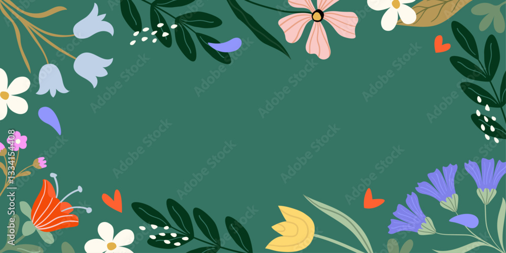 Obraz premium Spring background frame with blooming flowers in vector, flat style.