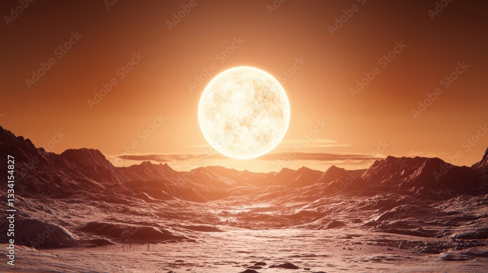 A large, bright orange planet sits in the center of a dark, rocky landscape. A large, bright orange planet sits in the center of a dark, rocky landscape.