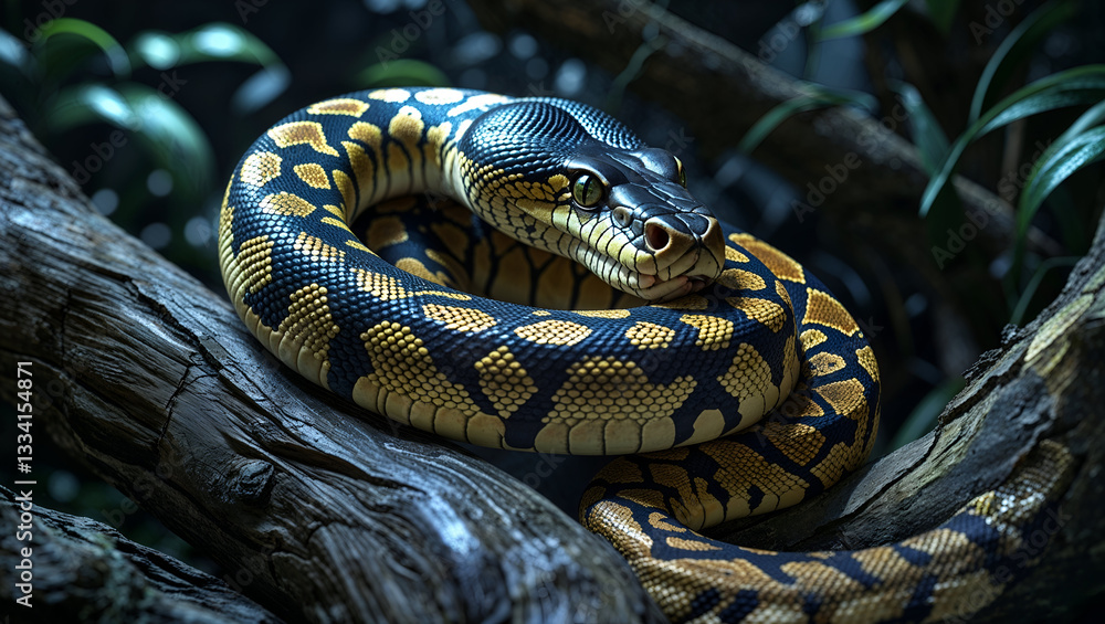 Fototapeta premium Close-Up of a Snake in Its Natural Habitat, Showcasing Intricate Scale Patterns and Depth 