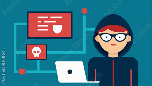 Evaluating Malware An investigator wearing glasses closely examining a computer screen showing malware analysis with a flowchart of the malware behavior beside it.