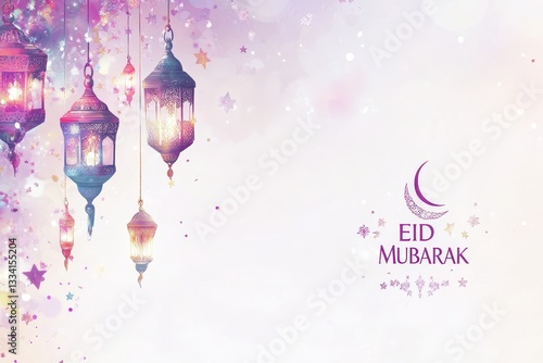 Festive Eid Mubarak design with hanging lanterns, crescent moon, and confetti on a light background
