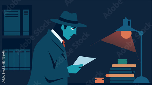 Reading Old Reports A side view of the detective sitting in a dimly lit room reading a stack of dusty case reports with a lamp casting light onto their face showing concentration.