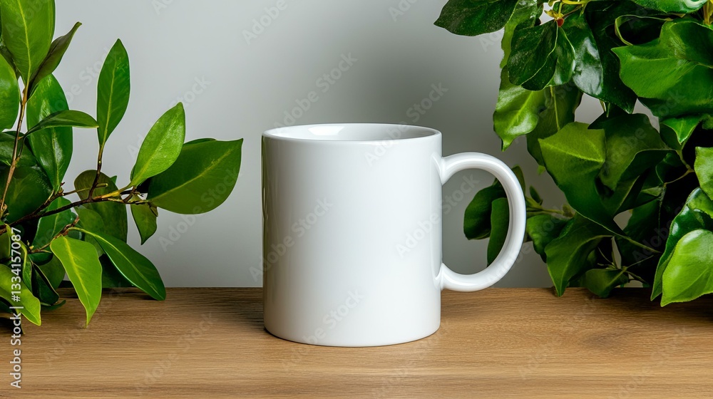A minimalist white ceramic coffee mug mockup displayed elegantly on a wooden table surface A minimalist white ceramic coffee mug mockup displayed elegantly on a wooden table surface