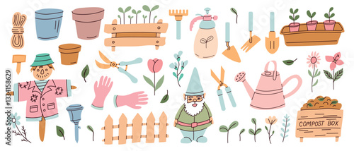 Gardening tools and whimsical characters arranged in a colorful outdoor setting for spring planting fun