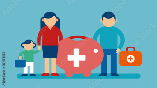 Emergency Fund Visualization A family looking at a piggy bank with a firstaid kit representing the need for an emergency fund. The piggy bank has a label that says Emergency Fund.