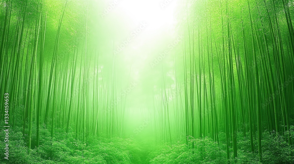 Fototapeta premium Serene Bamboo Forest Path, Misty Sunlight