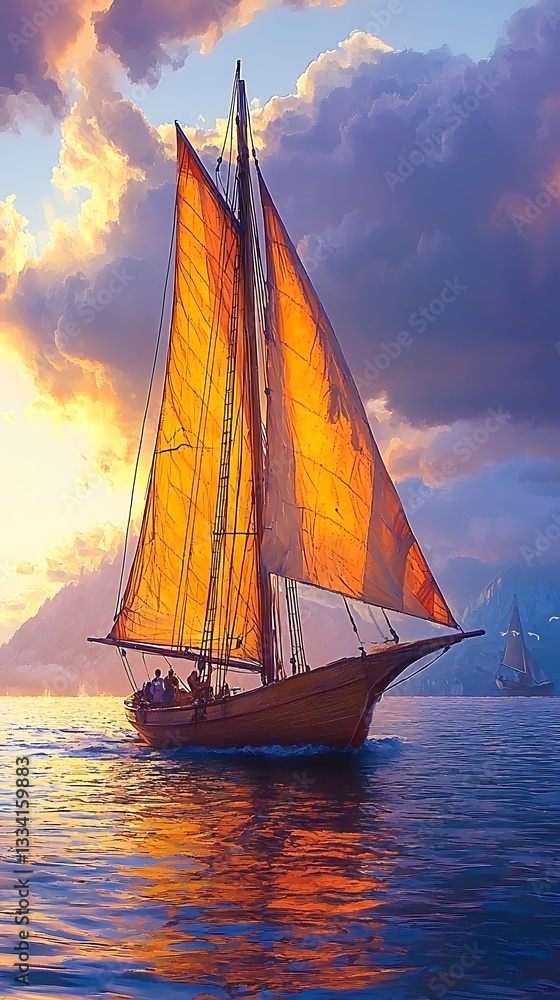 Fototapeta premium A sailboat gracefully sails on a body of water at sunset