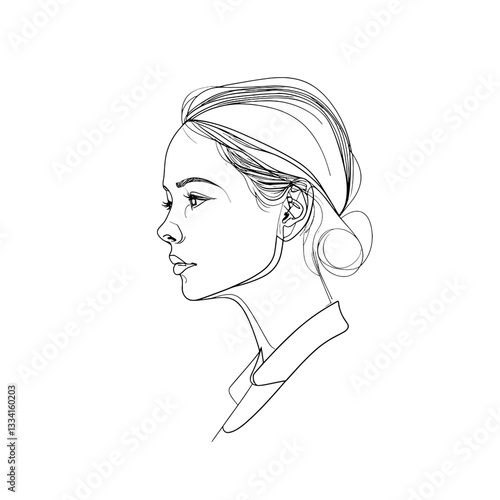 Woman portrait, elegant profile sketch, line art illustration, black and white, copy space