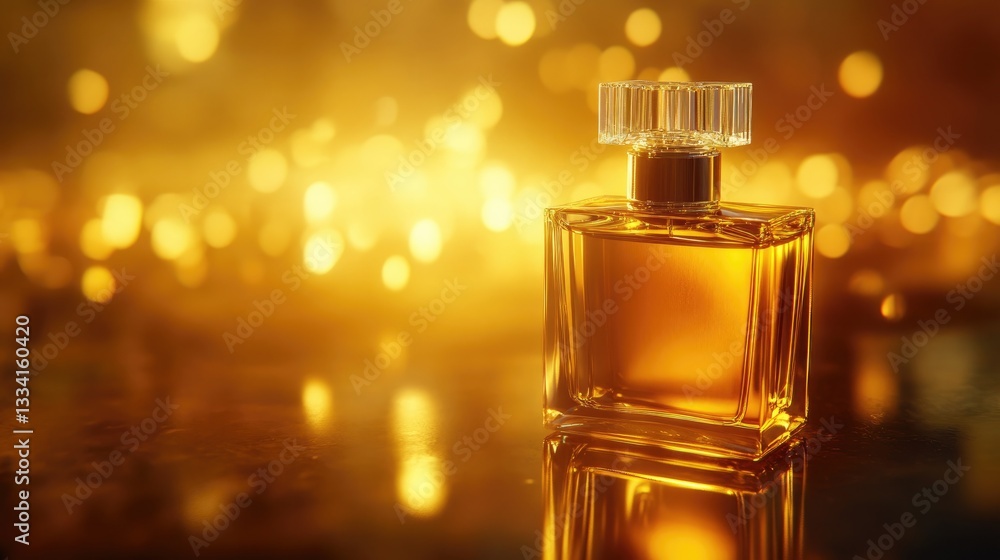 A Luxurious Bottle of Perfume on a Golden Background with Sparkling Lights A Luxurious Bottle of Perfume on a Golden Background with Sparkling Lights