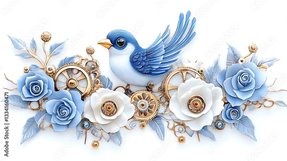 Steampunk Blue Bird with Porcelain Roses and Gold Gears Artwork Steampunk Blue Bird with Porcelain Roses and Gold Gears Artwork