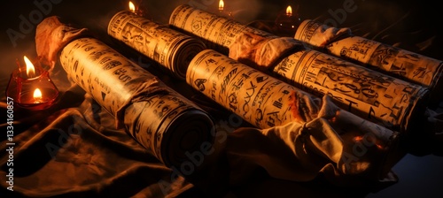 Mystical scrolls glowing divine light egyptian mythology hermetic teachings inscribed surrounded by spiritual energy