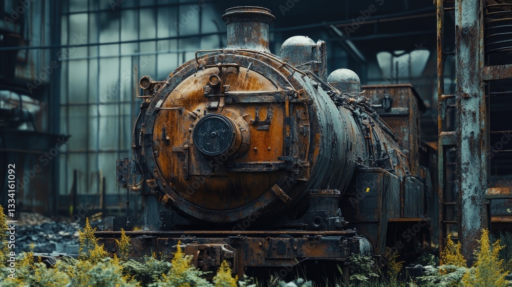 Fototapeta premium An abandoned locomotive's rusted mechanical components, surrounded by overgrown grass