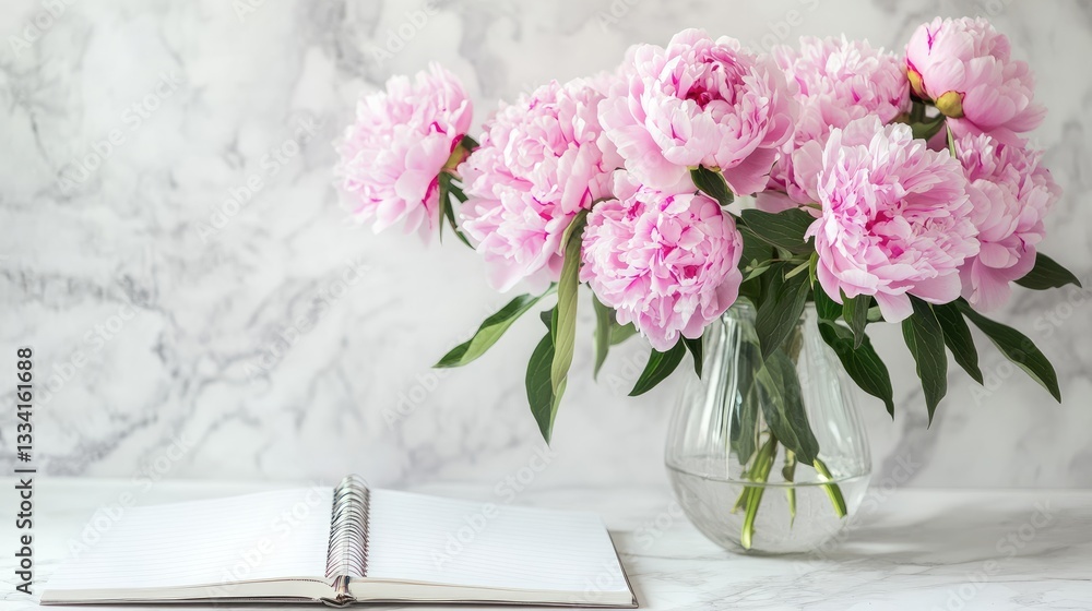 An open lined notebook next to a vase of delicate pink peonies on a white marble surface An open lined notebook next to a vase of delicate pink peonies on a white marble surface