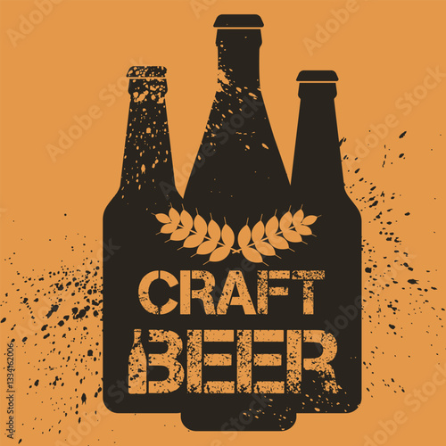 Vector illustration silhouettes of beer bottles, grunge design, splashes, scratches. Pester craft beer for pub, bar, party menu