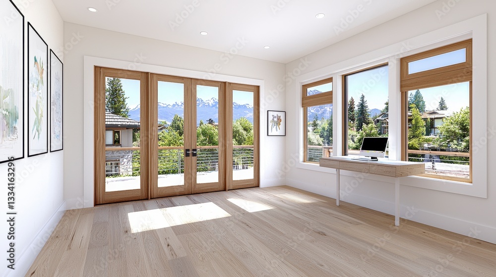 Fototapeta premium Bright Minimalist Home Office with Mountain View and Natural Light