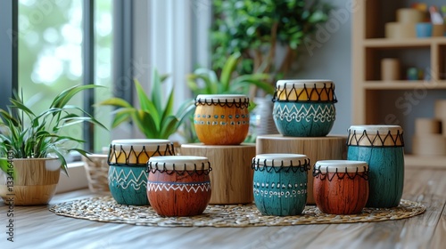 Colorful hand-painted drums displayed on wooden stands near window