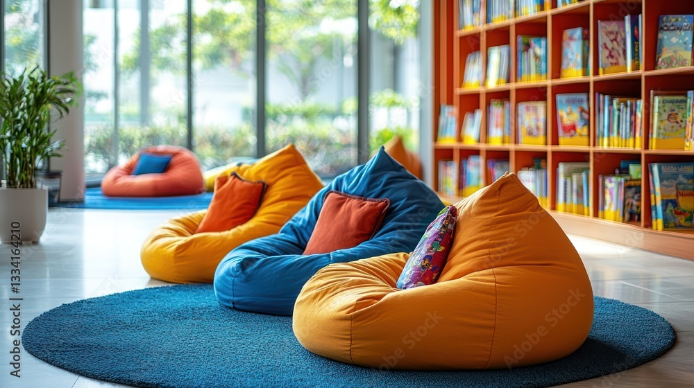 Obraz premium Colorful beanbag chairs in a modern library reading nook