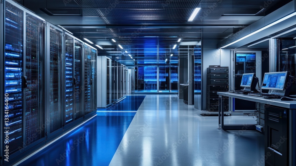 Fototapeta premium Modern Data Center: High-Tech Server Room with Blue Lighting