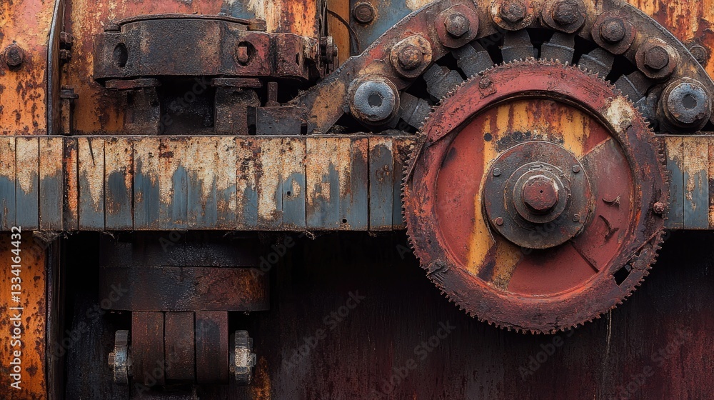 A decayed, industrial belt-driven machine with cracked rubber belts and rusted pulleys A decayed, industrial belt-driven machine with cracked rubber belts and rusted pulleys