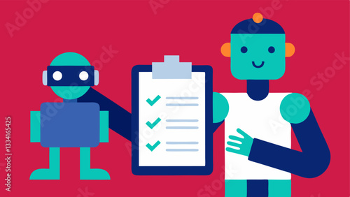 Ethical AI Checklist An illustration of a hand holding a clipboard with a checklist of ethical standards while an AI robot observes intently.