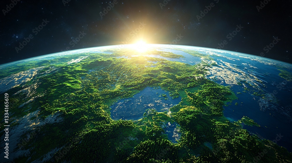 Fototapeta premium Green Earth in space at sunrise