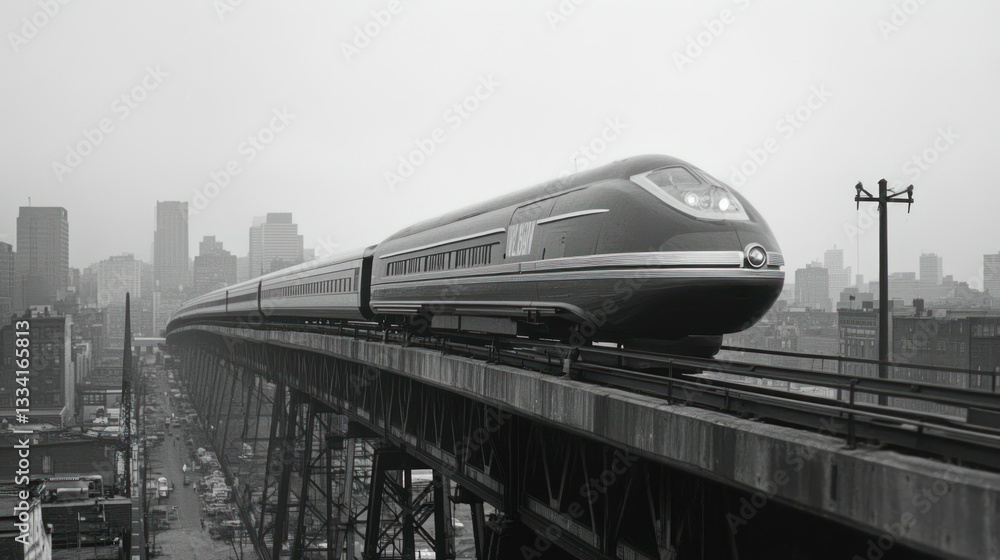 Naklejka premium A sleek train travels over an urban elevated railway bridge