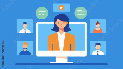 Employee Feedback Session An HR spet leading a feedback session with multiple employees attending via video call notes and a feedback form in front of her.