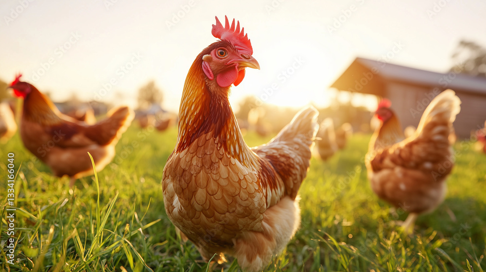 Fototapeta premium Farmyard Harmony: A Flock of Chickens Roaming Freely A lively rural scene featuring a group of chickens pecking at the green grass under the golden morning sun, embodying the essen