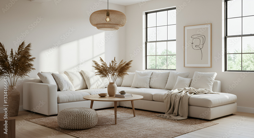 A serene and modern living room with a minimalist aesthetic, featuring a large L-shaped white sofa adorned with cozy neutral-toned cushions. A serene and modern living room with a minimalist aesthetic, featuring a large L-shaped white sofa adorned with cozy neutral-toned cushions.