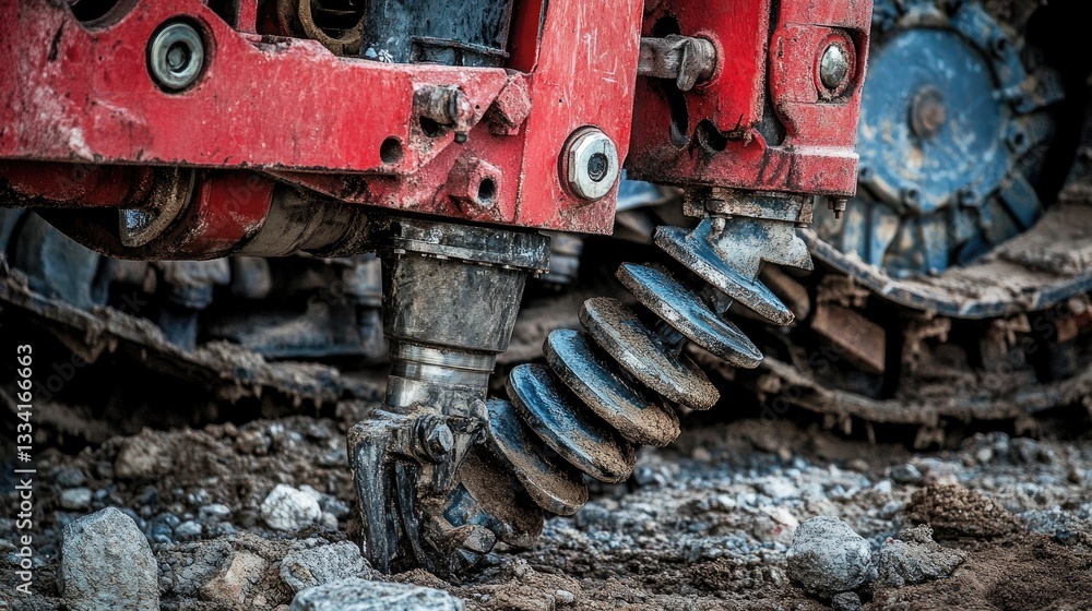 A drill machine at a geothermal energy site, its powerful auger working through rocky ground A drill machine at a geothermal energy site, its powerful auger working through rocky ground