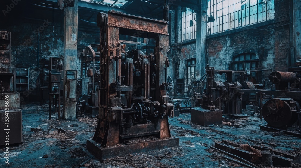 Obraz premium A factory's abandoned mechanical press with rusted moving parts and an eerie atmosphere