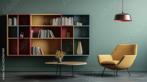 Wallpaper Mural Modern living room, yellow armchair, colorful bookcase, reading corner, calm atmosphere, home decor Torontodigital.ca