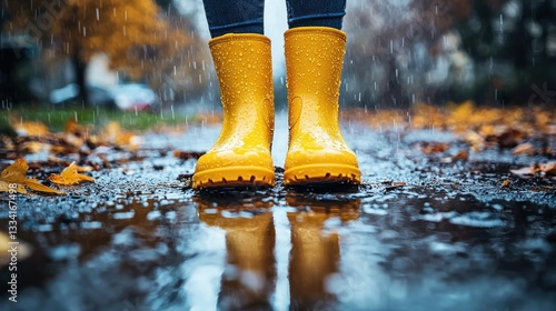 Yellow boots reflecting in autumn rain puddle
