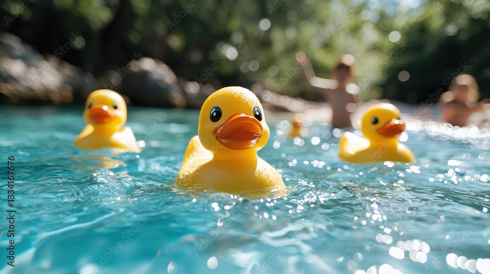 Rubber ducks float in a clear river, kids playing nearby Rubber ducks float in a clear river, kids playing nearby